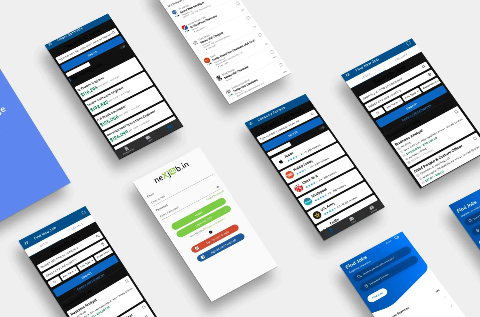 Web development code and UI on screens